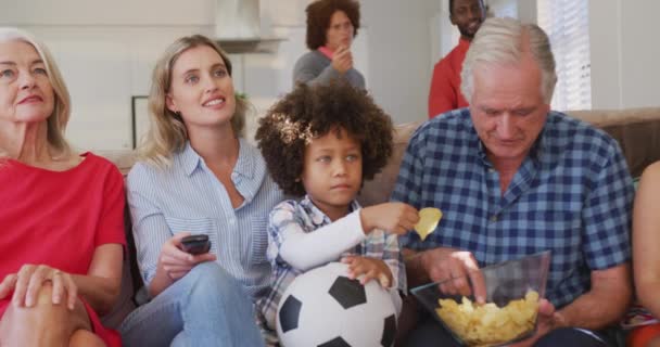 Video Diverse Family Siting Couch Watching Football Match Family Life — Stock Video