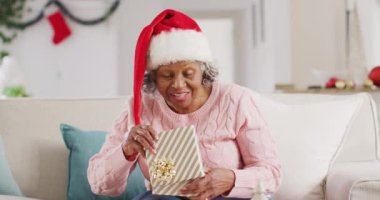 Mutlu son sınıf Afro-Amerikan kadınları Noel Baba şapkası takıyor, Noel 'de video görüşmesi yapıyor. Emeklilik, evde vakit geçirme ve Noel konsepti.