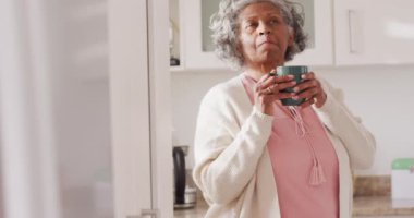 Mutfakta kahve içen kıdemli Afrikalı Amerikalı kadın. Emeklilik ve ev kavramında zaman geçirme.