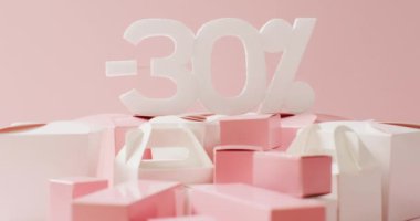 Eksi yüzde otuzu beyaz, pembe ve beyaz hediye kutuları ve pembe arka plan. Lüks muamele, mevcut, alışveriş, satış ve perakende konsepti dijital olarak oluşturulmuş video.