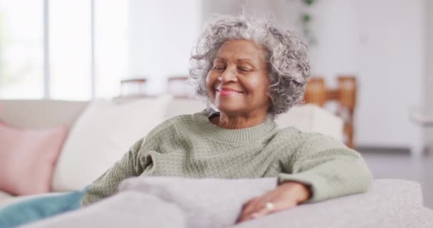 一个快乐的老年非洲裔美国女人坐在沙发上 看着相机 面带微笑的画像 退休和在家里度过时间的概念 — 图库视频影像