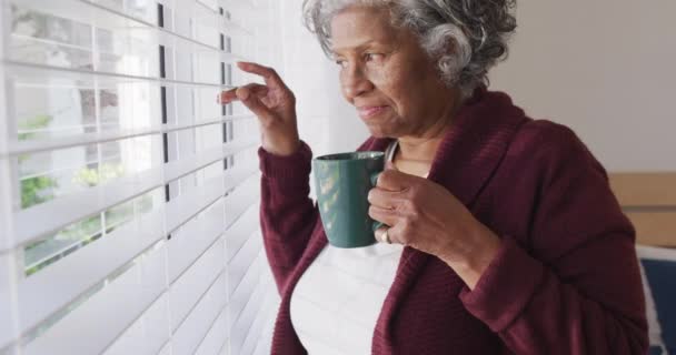 Χαρούμενη Ηλικιωμένη Αφροαμερικανή Που Κοιτάει Από Παράθυρο Και Πίνει Καφέ — Αρχείο Βίντεο
