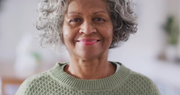 Kameraya Bakıp Gülümseyen Mutlu Bir Afrikalı Amerikalı Kadının Portresi Emeklilik — Stok video