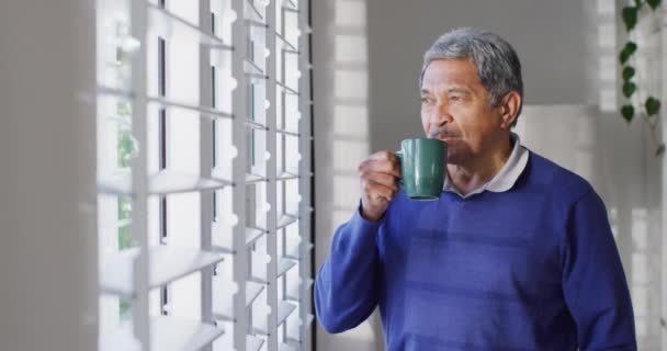Video Hombre Birracial Mayor Mirando Por Ventana Bebiendo Café Jubilación — Vídeos de Stock
