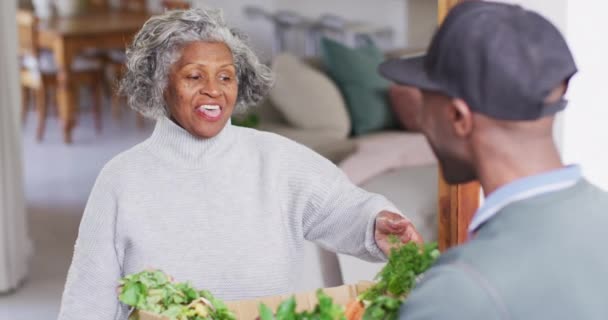 快乐的资深非洲裔美国女人从送货人那里收到食品杂货 退休和在家里度过时间的概念 — 图库视频影像