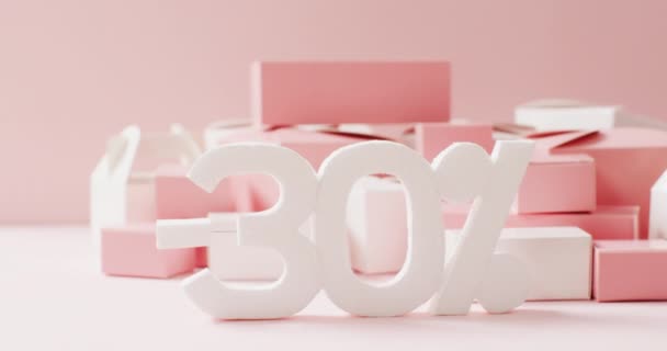 Menos Trinta Por Cento Texto Branco Com Caixas Presente Rosa — Vídeo de Stock