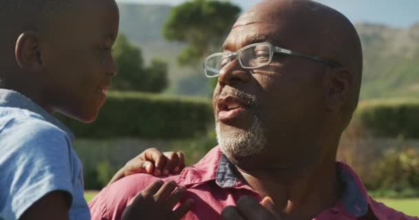 Video Feliz Abuelo Afroamericano Nieto Pasando Tiempo Juntos Jardín Vida — Vídeos de Stock