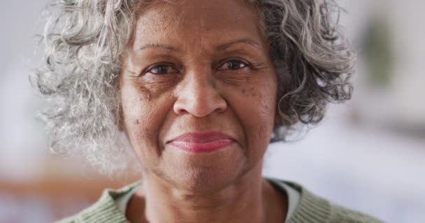 Портрет Счастливой Пожилой Афроамериканки Смотрящей Камеру Улыбающейся Выход Пенсию Проведение — стоковое видео