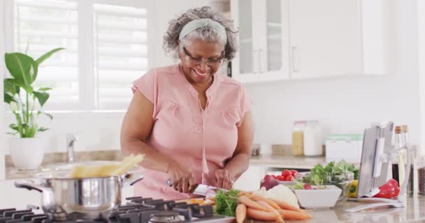 Mutfakta Yemek Pişiren Sebze Doğrayan Kıdemli Afrikalı Amerikalı Kadın Emeklilik — Stok video