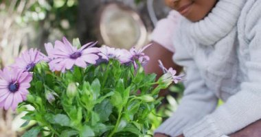 African american girl and grandfather smelling flowers in garden on sunny day. Spending quality time with family at home concept.