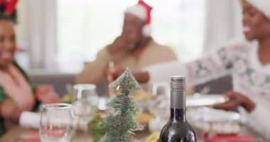 Mutlu Afro-Amerikan ailesi Noel yemeği yiyor. Noel konseptinde aileyle kaliteli zaman geçirmek.