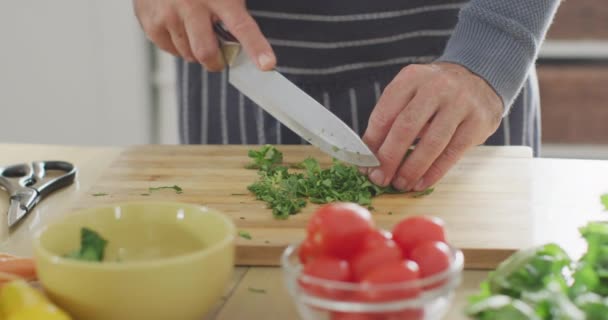 Środkowa Część Białego Mężczyzny Stojącego Kuchni Gotującego Obiad Rąbiącego Bazil — Wideo stockowe
