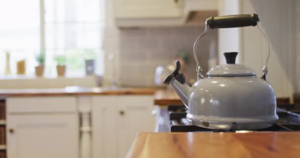 厨房里把水壶放在烤箱上的台面关上 房屋内部和设计概念 — 图库视频影像