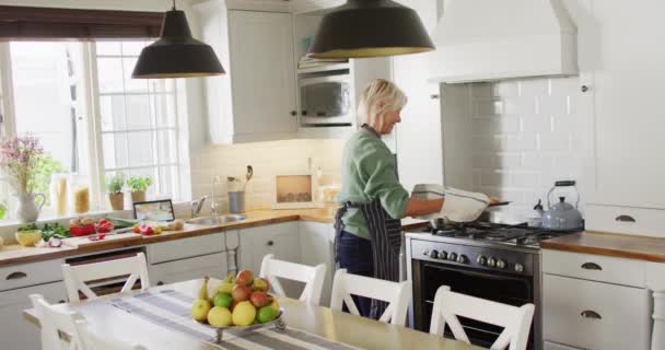 キッチンに立ち 夕食の準備をしている幸せなシニア白人女性 自宅だけで質の高い時間を過ごす — ストック動画