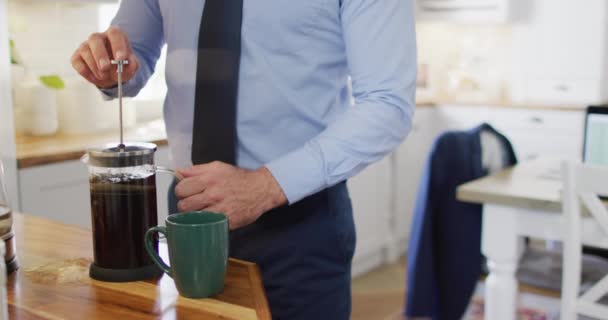 Midsection Caucasian Man Wearing Tie Standing Kitchen Making Coffee Spending — Stock Video