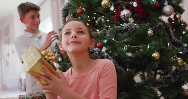 Χαρούμενα Καυκάσια Αδέλφια Στολίζουν Χριστουγεννιάτικο Δέντρο Χριστούγεννα Περνώντας Ποιοτικό Χρόνο — Αρχείο Βίντεο