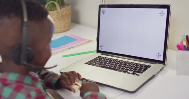 African American Boy Sitting Table Having Video Call Spending Quality — Stock Video