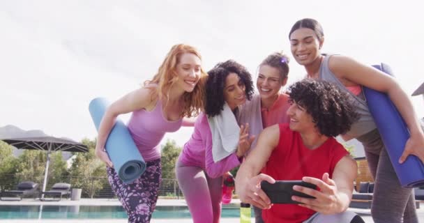 Happy Group Diverse Friends Holding Yoga Mats Taking Selfie Spending — Stock Video