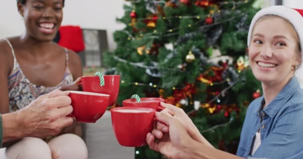 Happy Group Diverse Friends Drinking Cocoa Spending Quality Time Home — Stock Video