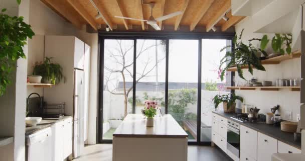 Allgemeine Ansicht Der Modernen Küche Mit Arbeitsplatte Küchenausstattung Und Fenster — Stockvideo