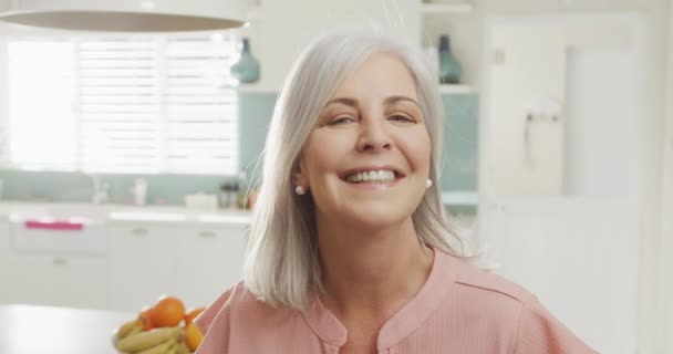 Portrait Happy Senior Caucasian Woman Smiling Spending Quality Time Home — Stock Video