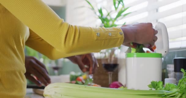 Video Midsection Forskellige Par Forbereder Mad Sammen Køkkenet Kompostering Grøntsager – Stock-video