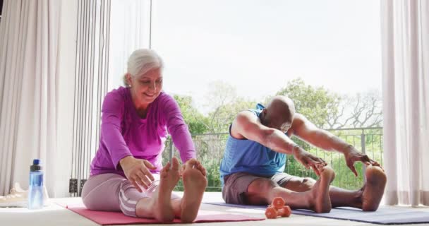 Glückliche Senioren Die Yoga Und Stretching Praktizieren Qualitätszeit Hause Und — Stockvideo