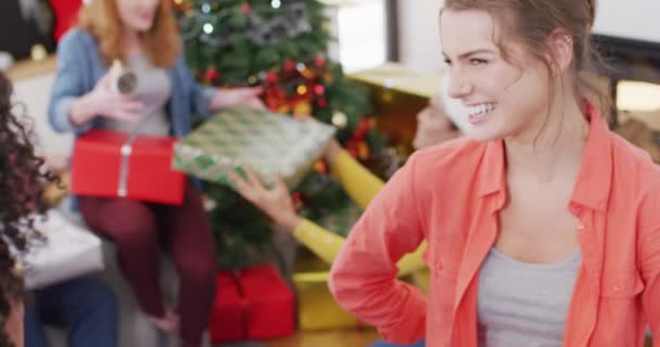 Happy Group Diverse Friends Opening Christmas Presents Spending Quality Time — Stock Video