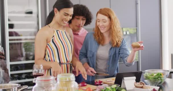 Glad Grupp Olika Vänner Matlagning Middag Köket Tillsammans Tillbringa Kvalitetstid — Stockvideo