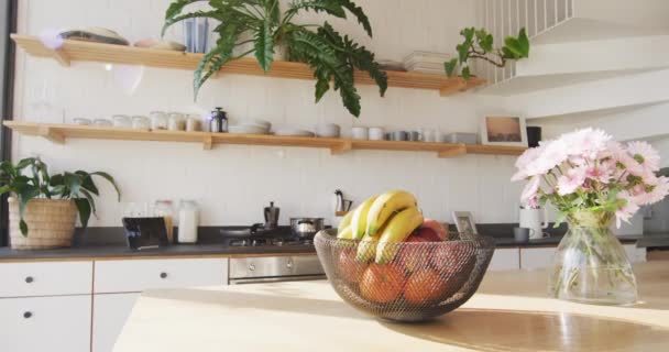 Vue Générale Cuisine Moderne Avec Comptoir Équipement Cuisine Fruits Maison — Video