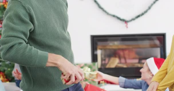 Happy Group Diverse Friends Opening Christmas Presents Spending Quality Time — Stock Video