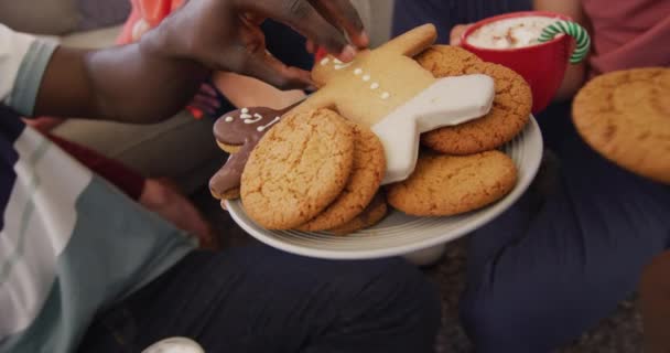 一群不同的朋友在中间吃圣诞饼干 圣诞佳节在家里共度美好时光 — 图库视频影像