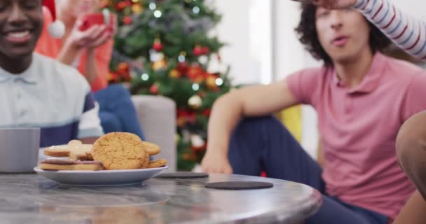 Farklı Arkadaşlardan Oluşan Mutlu Bir Grup Kakao Içiyor Noel Evde — Stok video