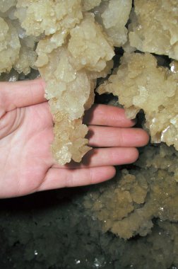 Druze gypsum crystals in the cave and the hand clipart