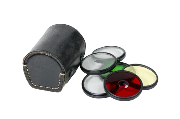 Collection of photographic filters with leather box — Stock Photo, Image