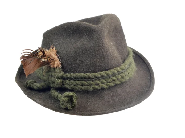 Old hunter hat with feathers, on a white background — Stock Photo, Image