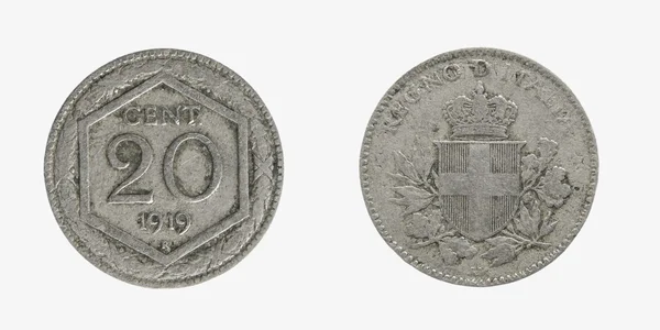 Vieille pièce d'argent 20 cents Italie 1919 — Photo
