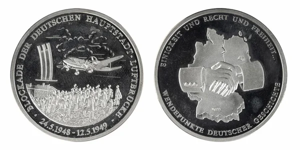 Silver commemorative coins day division of Germany — Stock Photo, Image