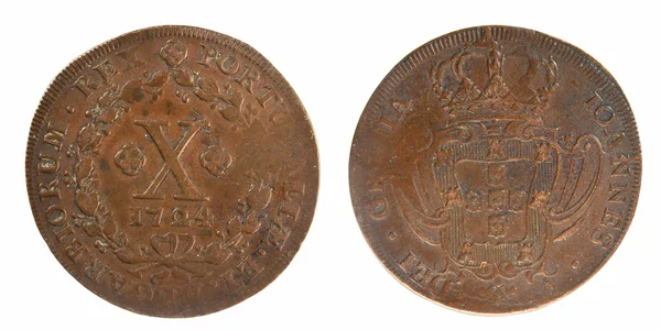 Moneda antigua Portugal 10 reys 1724 — Foto de Stock