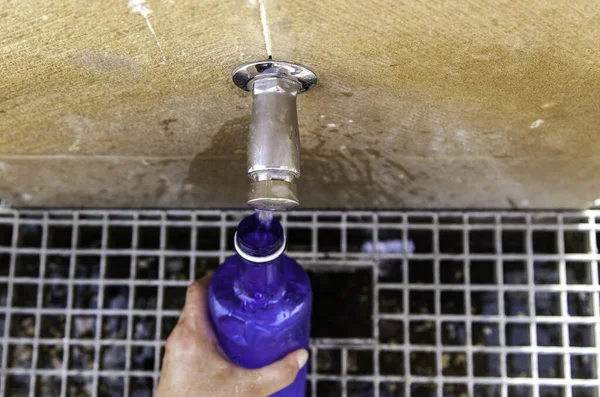 Filling water bottle in fountain, water and summer, refreshment