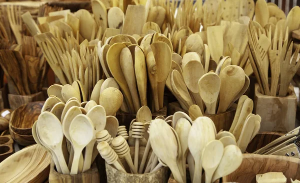 Detail Handmade Cutlery Made Olive Wood — Stock Photo, Image