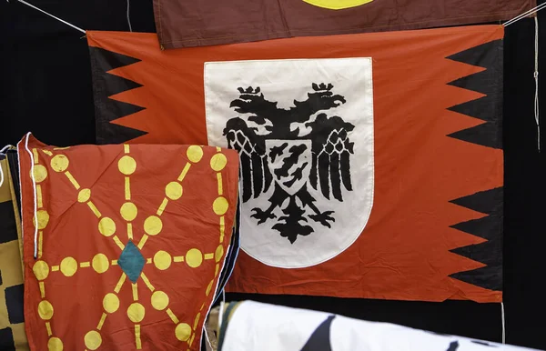 Detail of ancient shields in a medieval festival, history