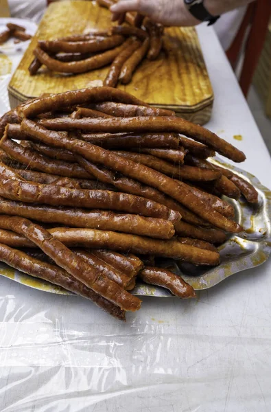 Frying Sausage Pan Fast Food Restaurant — Stock Photo, Image