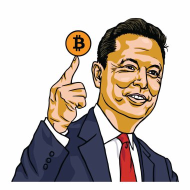 Elon Musk Holding Bitcoin Vektör Çizgi Film İllüstrasyonu. Los Angeles, 31 Mart 2021