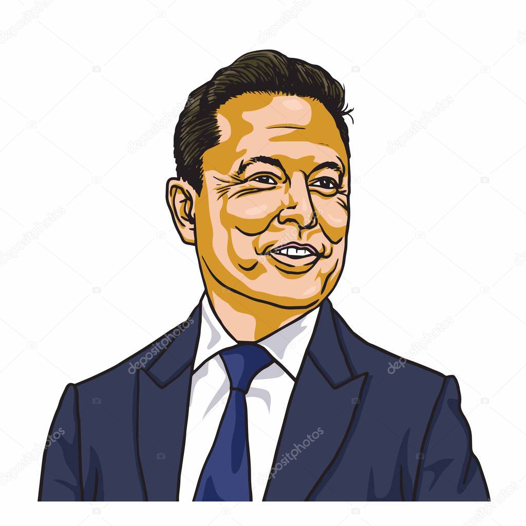 Elon Musk, Famous founder, CEO and Entrepreneur Vector Cartoon Portrait Illustration. Los Angeles, March 15, 2021