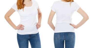 t-shirt set red hair beautiful woman in white blank tshirt mock up