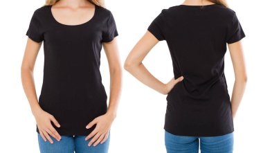 Tişört tasarımı ve insan konsepti - boş siyah tişörtlü, gömlekli, arkadan ve önden izole edilmiş genç bayana yakın çekim