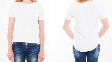 Beyaz arka planda şık tişörtlü seksi bir kadının ön ve arka görünüşü. Tasarım için hazırlan. Uzayı kopyala Şablon. Boşluk