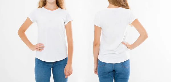 Voor Achteraanzichten Van Jonge Blanke Meisjesvrouw Stijlvol Shirt Witte Achtergrond — Stockfoto