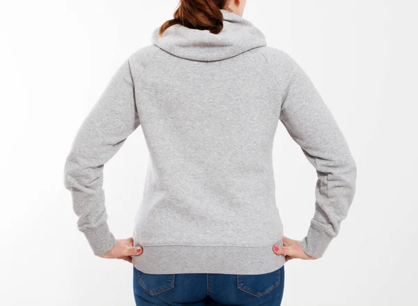 Bella Donna Pullover Grigio Con Cappuccio Mockup Vista Posteriore — Foto Stock